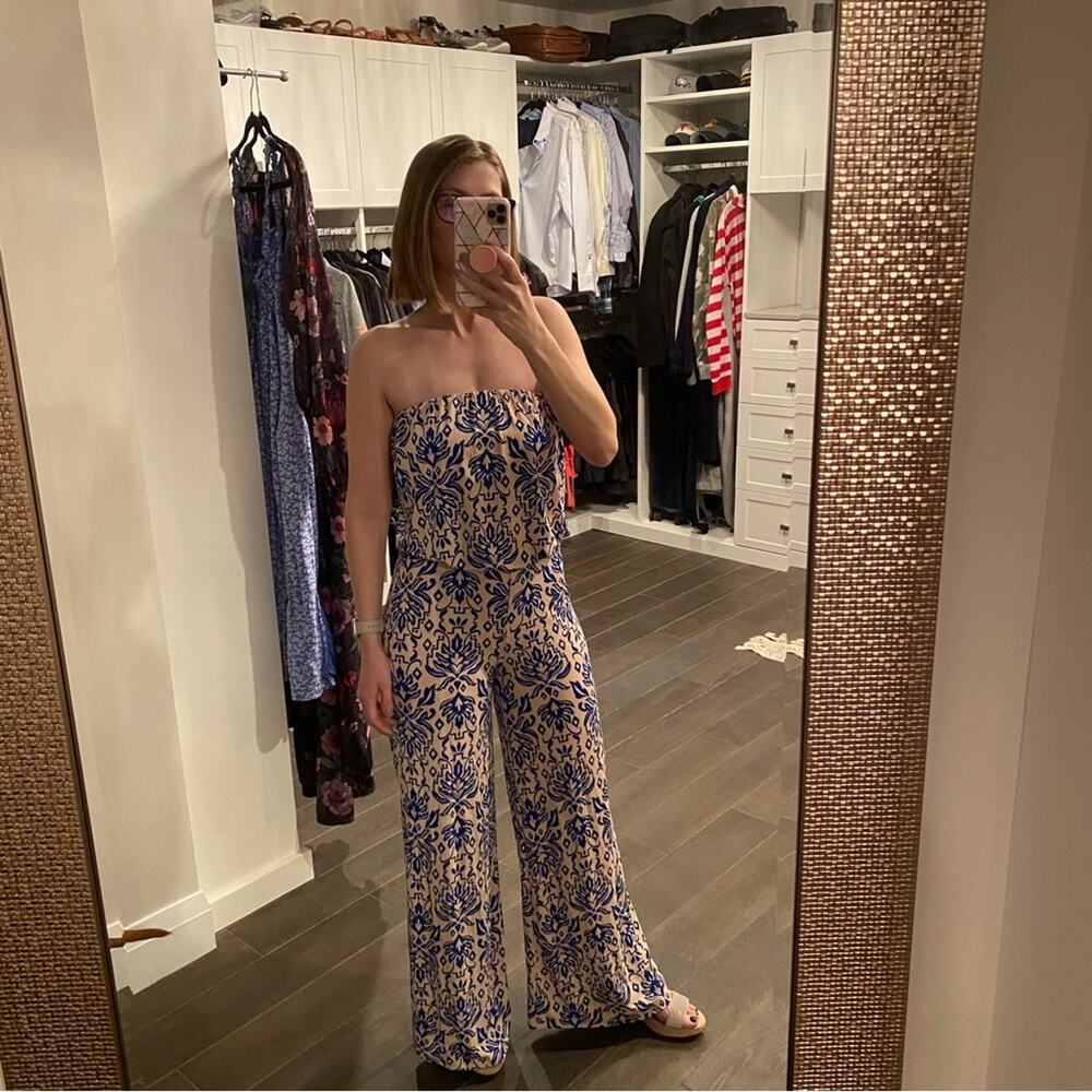 Love Culture Blue Cream Damask Print Strapless Blouson Wide Leg Jumpsuit Medium